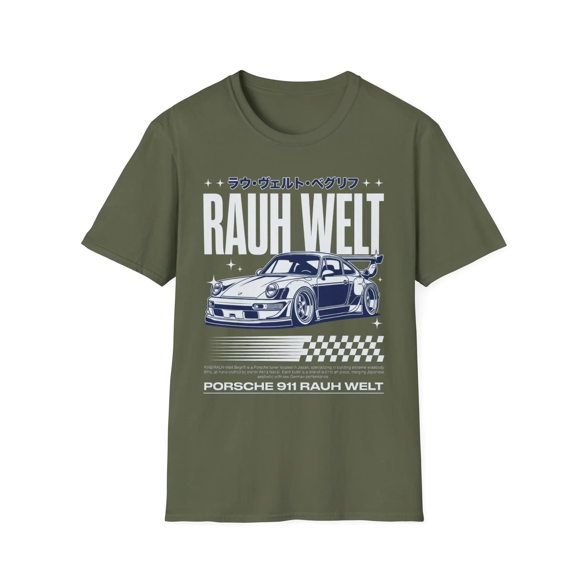 Olive green t-shirt featuring RAUH WELT Porsche 911 graphic with Japanese text and checkered flag design