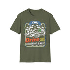 Olive t-shirt with racing car graphic and 'You Drive Me Insane' text