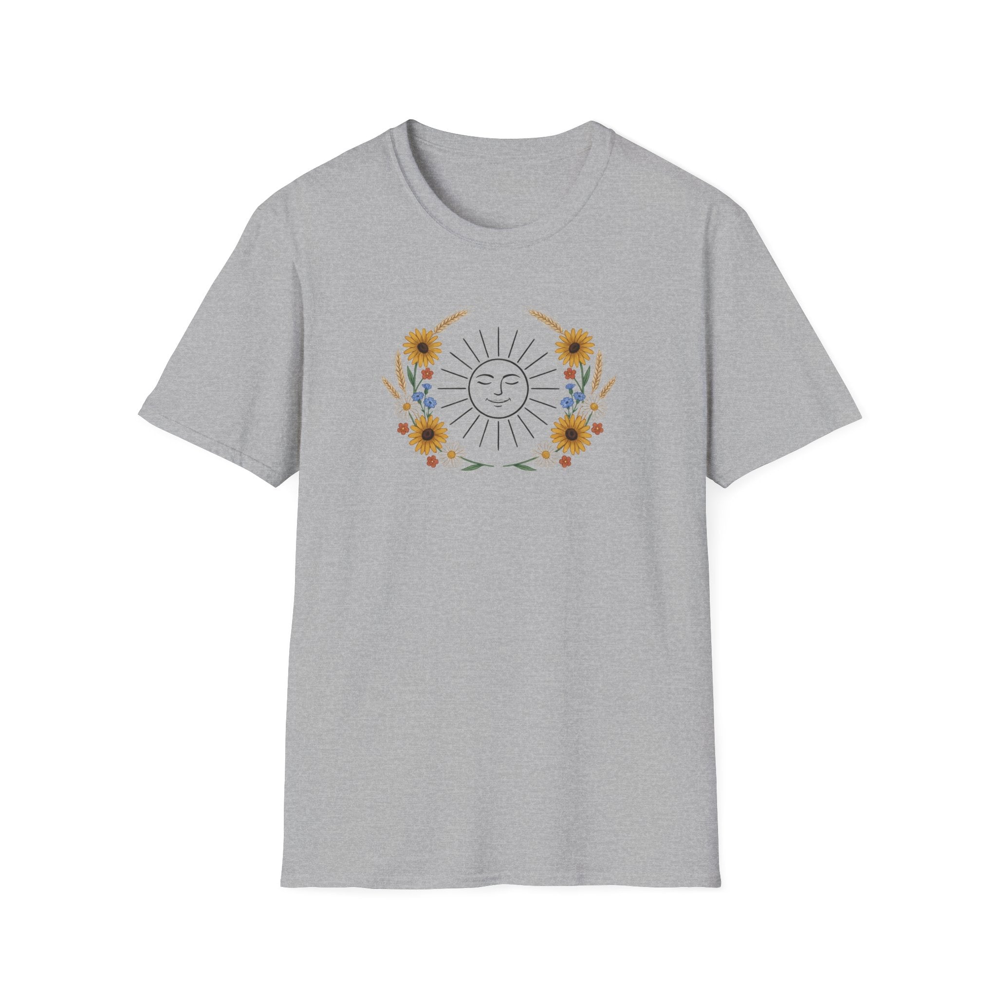 Vintage Celestial Sun Graphic T-Shirt | Boho Wildflower Cottagecore Unisex Tee