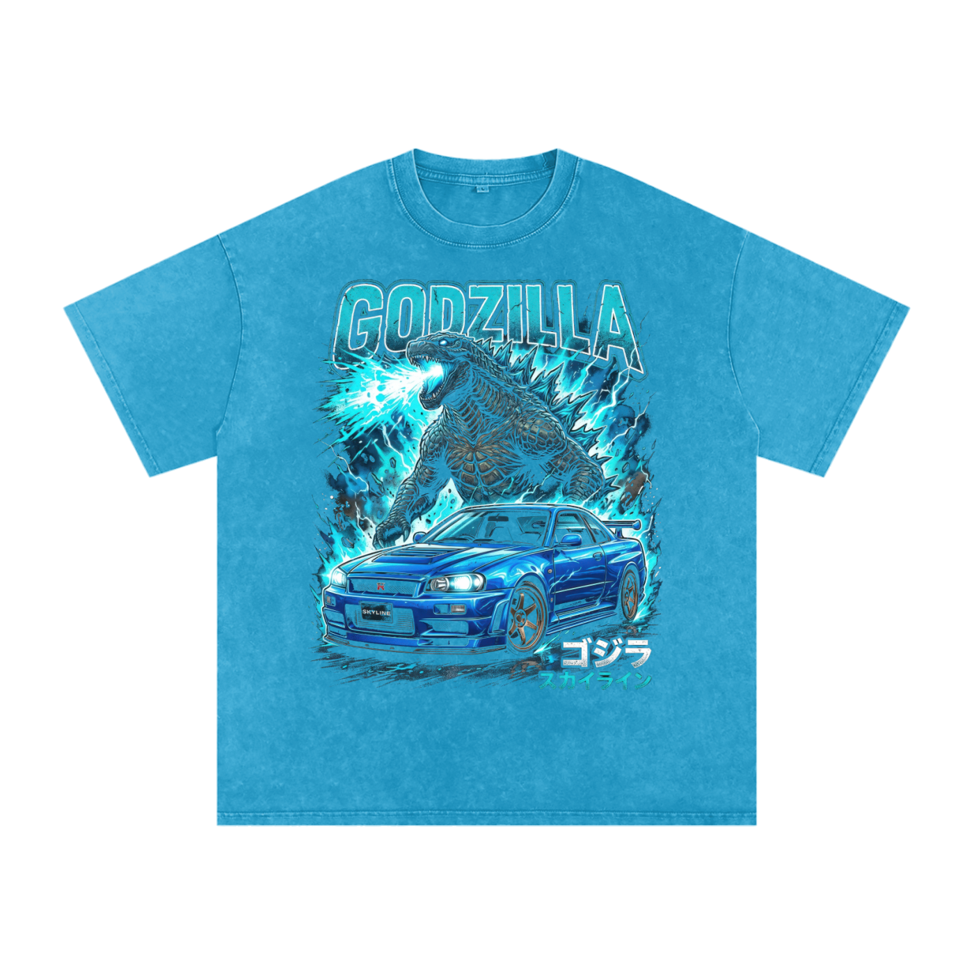 Godzilla x Nissan Skyline GT-R R34 Graphic Unisex Washed Oversized T-Shirt – Streetwear JDM Tee
