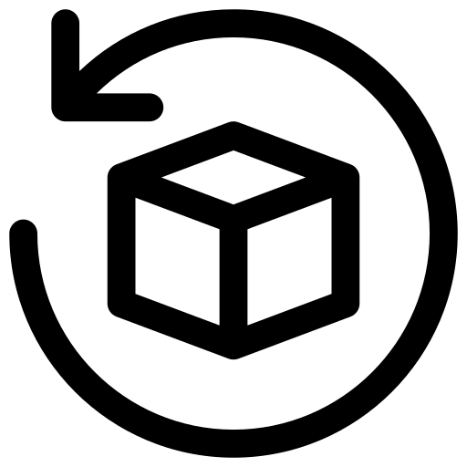 Open box with arrow circling, symbolizing delivery or return process