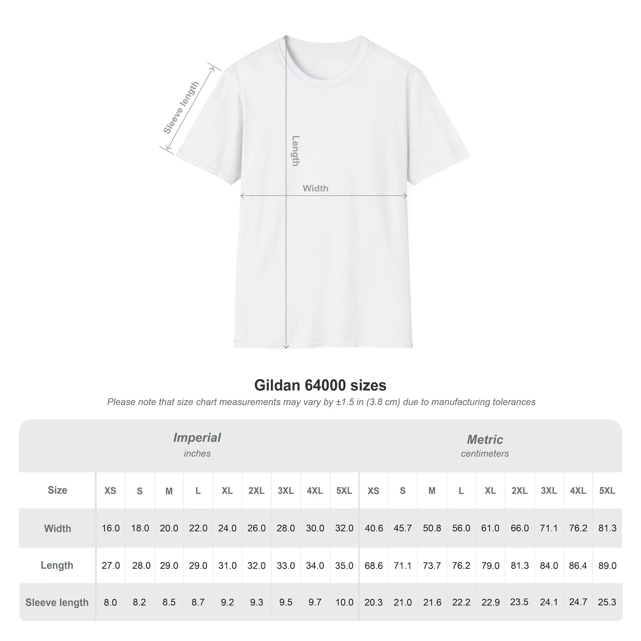 Gildan 64000 unisex T-shirt size chart with measurements in inches and centimeters for XS to 5XL