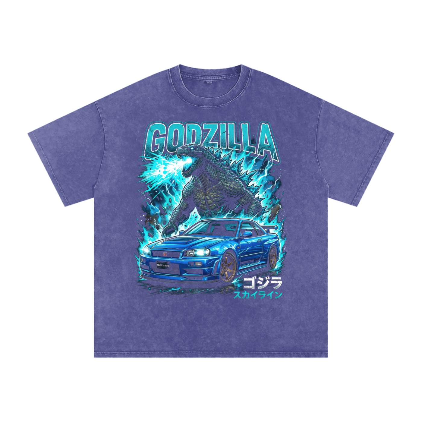 Godzilla x Nissan Skyline GT-R R34 Graphic Unisex Washed Oversized T-Shirt – Streetwear JDM Tee